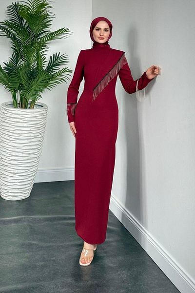 MERVEN AKYÜZ Kalia Tasseled Pencil Dress Burgundy