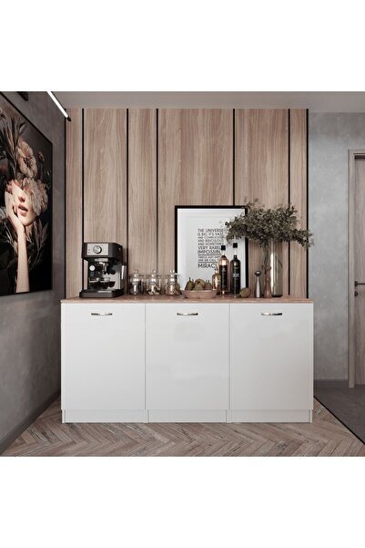 Tdesigno Twist Mutfak 3 Kapaklı Alt Modül -180 cm - Çok Amaçlı Dolap -Beyaz-Tezgah Dahil