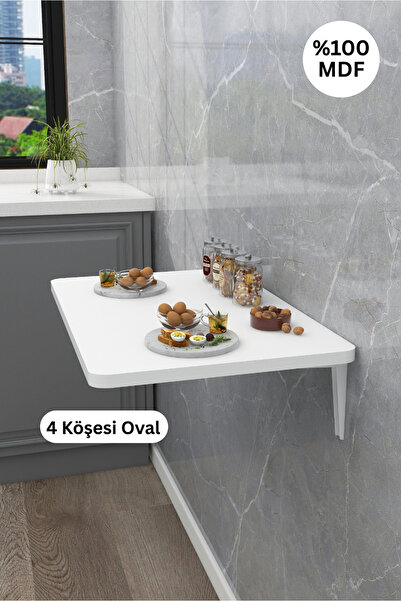 Kydonia Home Mdf Lam 4 Köşesi Oval Mat Beyaz Duvara Monte  Kırma Katlanır Yemek Masası