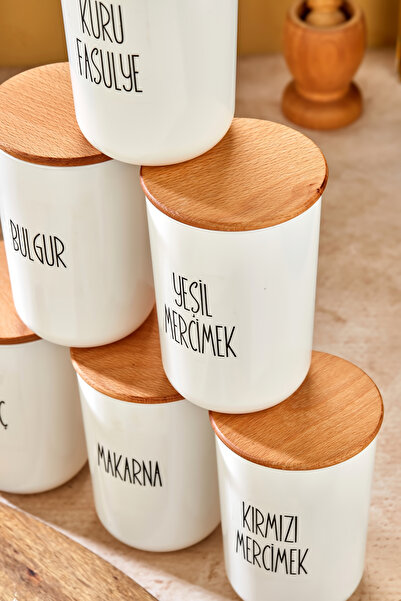 MODA OZY 6'lı 900ml Akrilik (PLASTİK) Kavanoz Ahşap Vakum Kapaklı Şeffaf Bakliyat Etiketli Saklama Kabı