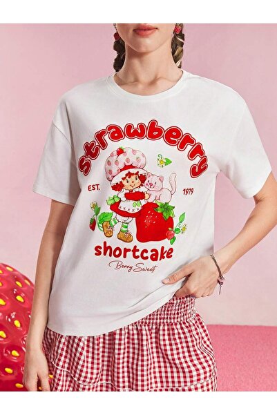 OVER HEAD Kadın Çilek Kız Strawberry Baskılı Oversize T-shirt