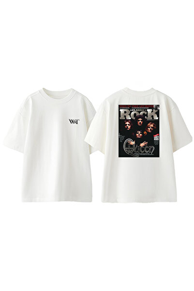 THEWERT Tricou supradimensionat alb din bumbac cu imprimeu pe spate Rock Quee...
