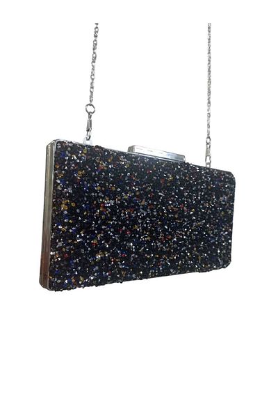 EsareModa Women's Rectangular Shiny Stone Evening Dress Bag Black Color