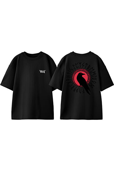 THEWERT Tricou oversize negru din bumbac cu imprimeu pe spate Viking Crow Design