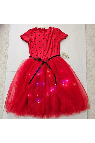 Beryka Ladybug Patterned Girl's Tutu Dress with Led Lights – Lined, Fun Model