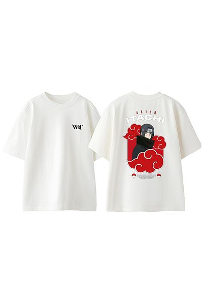 THEWERT Tricou alb oversize din bumbac cu imprimeu pe spate Ucıha Itachı