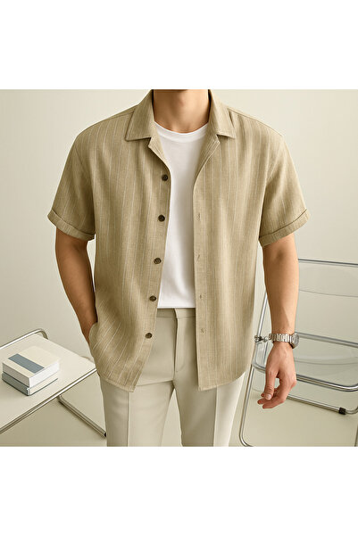 Hazhers Erkek Gömlek Yaka Oversize Kısa Kollu Yazlık Gömlek