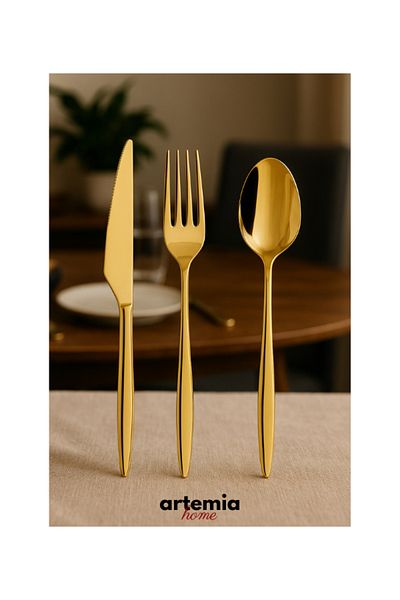 DMR LİFE Gold Dine 18 Piece Dessert |   Spoon/Fork Set |   Gold |   6 People |   18/10 Stainless Steel