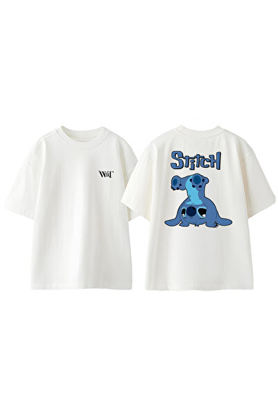 THEWERT Tricou supradimensionat alb din bumbac cu imprimeu pe spate Stitch Ha...