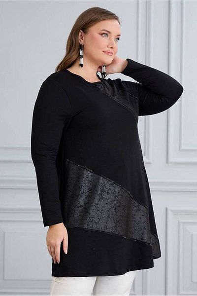 FOR ESRA BIG TREND Women's Large Size Faux Leather Garnished Stone Detailed Long Viscose Tunic