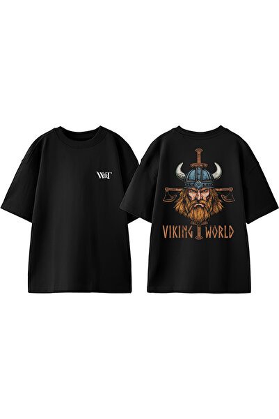 THEWERT Tricou oversize negru din bumbac cu imprimeu pe spate Relive The Viki...