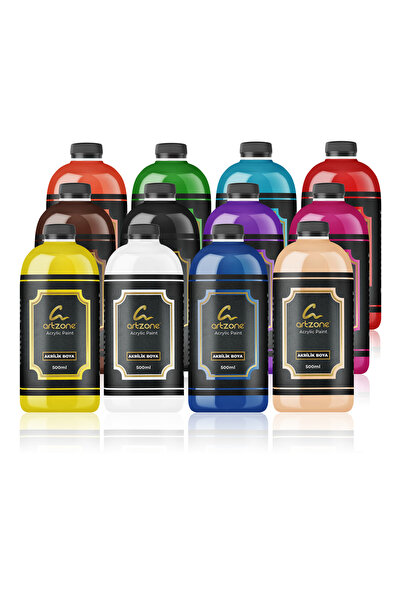 Artzone Akrilik Boya Seti - Tüm Renkler 12 Renk x 500ml + Fırça Hediyeli