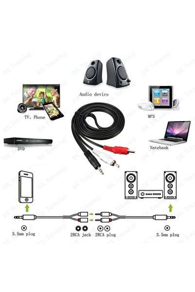 Derwell 1.8 Metre 1.8mt Stereo Lale Kablo Ses Sistemi Kablosu Aux Rca Tv Dvd Stereo 2 Rca Erkek Kablo 3.5mm