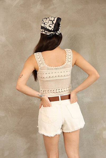 DM DİLAN MODA Women's Lace-Up Detailed Knitted Crop Blouse