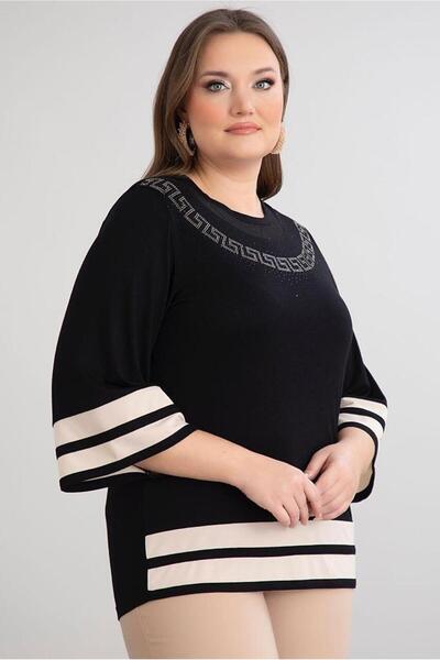 FOR ESRA BIG TREND Women's Large Size Lapel Stone Print Beige Garnished Flywheel Three Quarter Sleeve Stretchy Viscose Blouse