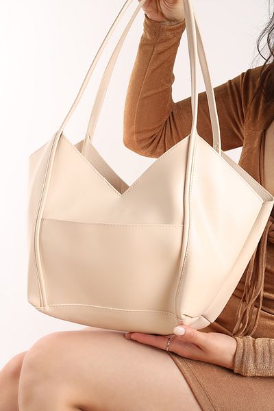 Moda Lime Γυναικεία τσάντα ώμου μεγάλου μεγέθους από μαλακό δέρμα μπεζ με τσάντα μακιγιάζ