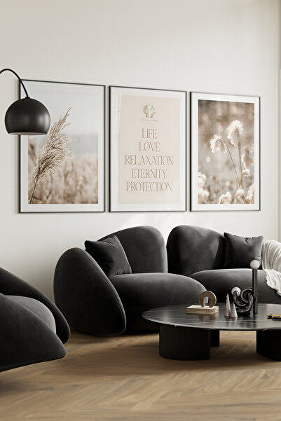 Home 3'lü Bej Tonlarında Sahilden Manzaralar, Salon Dekoru, Oturma Odası , Çe...