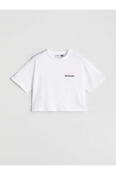 LC Waikiki LCW Kids Ecru Crew Neck SmileyWorld εμπριμέ για κορίτσια Crop T-shirt
