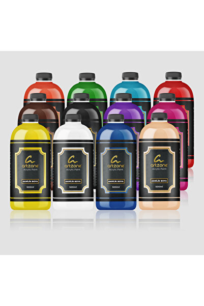 Artzone Akrilik Boya Seti - Tüm Renkler 12 Renk x 500ml + Fırça Hediyeli