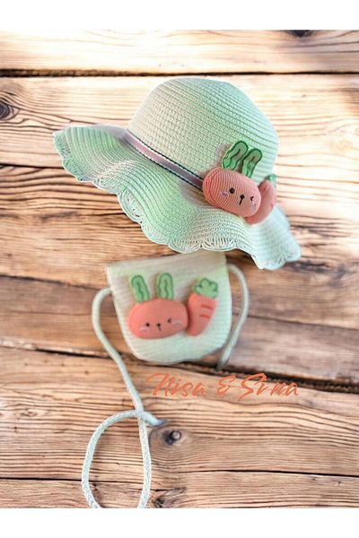 NİSASİNA Rabbit and Carrot Figured Straw Hat & Bag Set