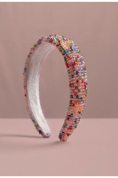 Özlem White Colored Crystal Bead Embroidered with Light Bombshell Women's Hair Accessory Crown