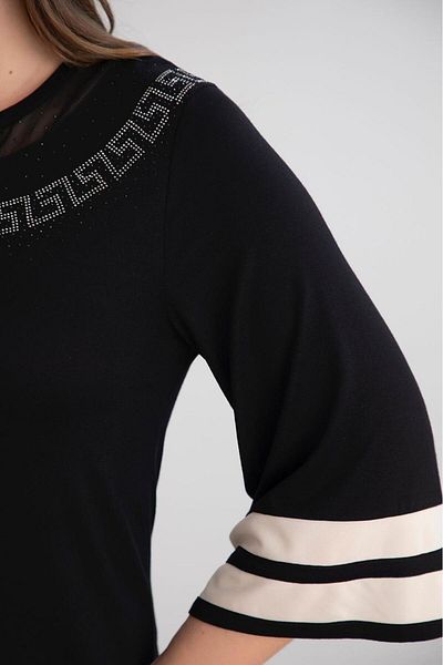 FOR ESRA BIG TREND Women's Large Size Lapel Stone Print Beige Garnished Flywheel Three Quarter Sleeve Stretchy Viscose Blouse