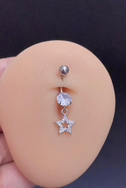 Blisse Piercing Kadın Gümüş Sallantılı Zirkon Taşlı Yıldız Figürlü Çelik Göbe...