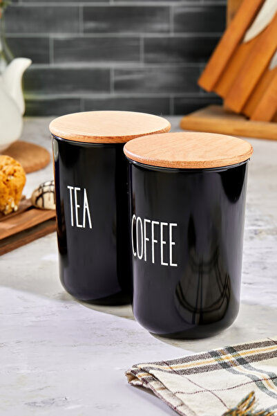 MODA OZY 2'li Ahşap Vakum Kapaklı Transfer Etiketli Tea/Coffe Akrilik (Plasti...