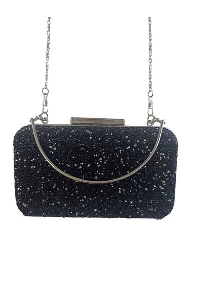 EsareModa Women's Shiny Stone Evening Dress Bag with Strap on Hand and Shoulder Black Color