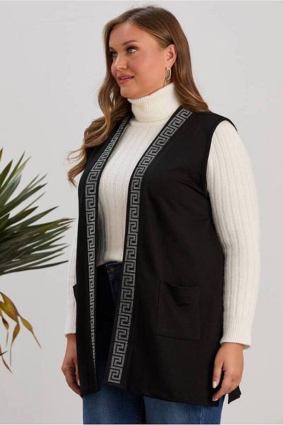 FOR ESRA BIG TREND Women's Large Size Labyrinth Stone Pattern Printed Viscose Knitted Vest with Pockets Front Open Side Slits