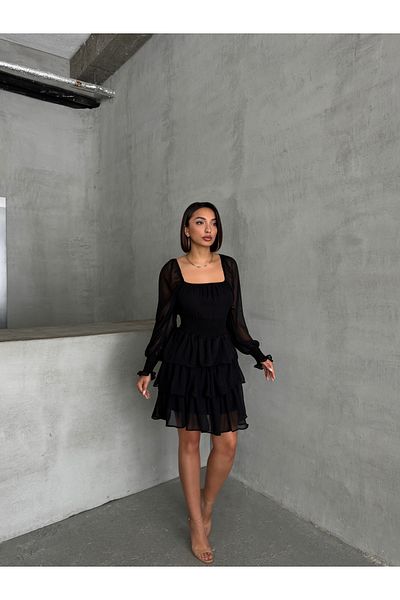 BEJNA Schwarzes Chiffonkleid mit elastischem Rock und Lagenfutter für Damen