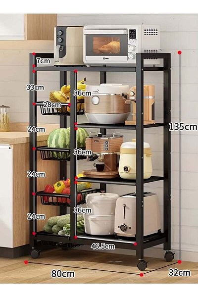 Taimi 4-Tier Movable Storage Rack Steel Kitchen Storage Shelf Unit with Wheels Black - 135x32x80cm
