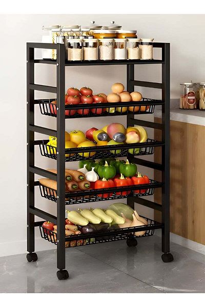 Taimi 5-Tier Storage Rack with Wheels for Easy Transport and Removable Baskets - (Black-5) 127x33x60cm