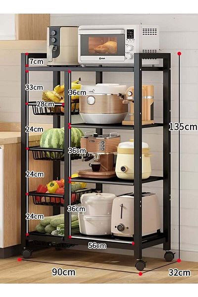 Taimi 4-Tier Movable Storage Rack Steel Kitchen Storage Shelf Unit with Wheels Black - 135x32x90cm