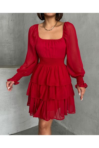 BEJNA Women's Red Elastic Skirt Layered Lined Chiffon Dress