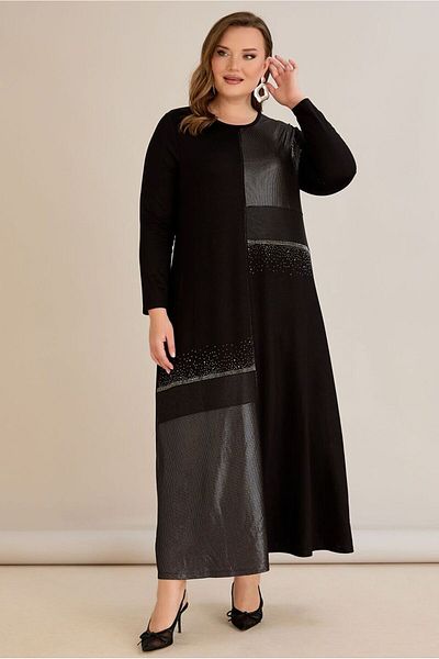 FOR ESRA BIG TREND Women's Large Size Foil Line Pattern Stone Print Stretchy Maxi Length Long Sleeve Viscose Dress