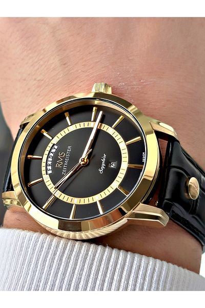 Romanson Special Design Black-Gold Color Sapphire Glass Leather Band Steel Case Men's Wristwatch 1632.08