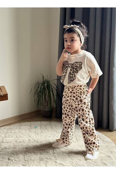ARBİ kids Girl's Leopard Gabardine Pants, Double Stylish Festive Suit
