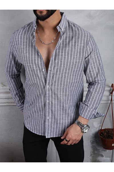 Anılfashion Men's Gray Oversize Striped Linen Shirt