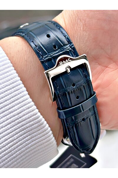 Romanson Özel Tasarım Lacivert Renk Safir Cam Deri Kordon Çelik Kasa Erkek Kol Saati 1632.04