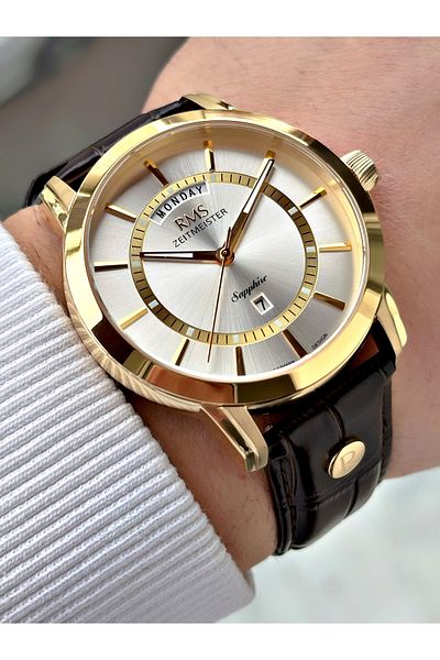 Romanson Special Design Brown-Gold Color Sapphire Glass Leather Band Steel Case Men's Wristwatch 1632.07