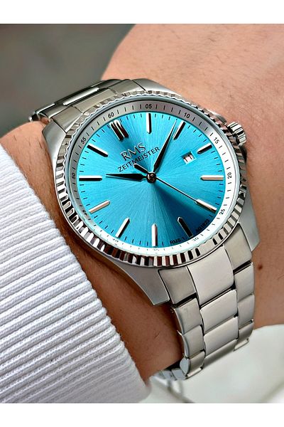 Romanson With Calendar Silver-Turquoise Color Steel Band Steel Case Men's Wristwatch with 24 Months Warranty 1623.06