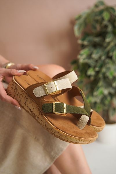 Taran Aisha Women's Gold Double Buckle Detailed Daily Suede Slippers