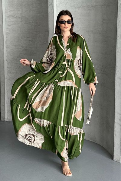 AYASOFYA OTANTIK Women's Green Button Closure Placket Collar Patterned Oversize Loose Dress