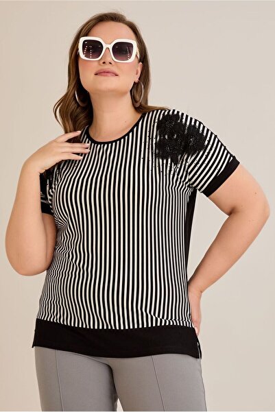 FOR ESRA BIG TREND Γυναικεία ριγέ τούλι ώμου με απλικέ κοντό μανίκι με σχίσιμο στο πλάι ελαστική μπλούζα βισκόζης