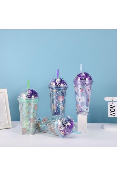 Honney Boutique Led 3D Colorful Lighted Mica Water Bottle Flask Water Bottle Cocktail Glass with Straw Lighted Figure