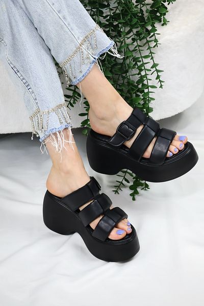 asmi shoes Черни ортопедични чехли от три части с катарама и дебела подметка