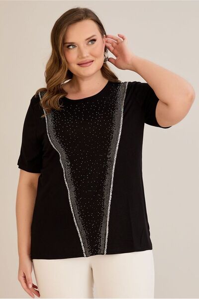 FOR ESRA BIG TREND Γυναικεία μπλούζα βισκόζης με μεσαίο πέτρινο σχέδιο με κοντό μανίκι με ελαστικό πλάι