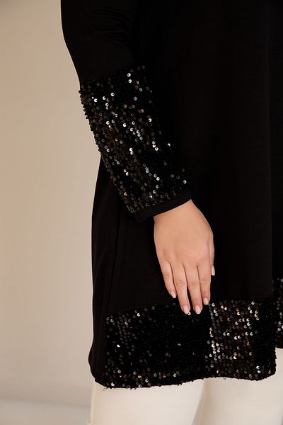 FOR ESRA BIG TREND Women's Plus Size Sleeves and Hem Sequin Embroidery Stretchy Long Sleeve Viscose Tunic