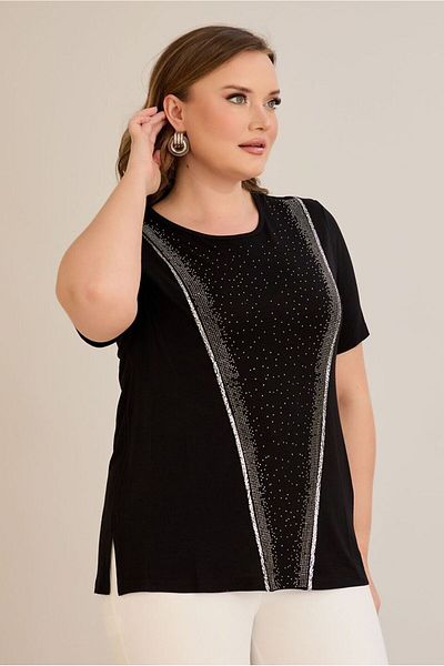 FOR ESRA BIG TREND Women's Large Size Medium Stone Pattern Silver Stripe Short Sleeve Stretchy Side Slit Viscose Blouse